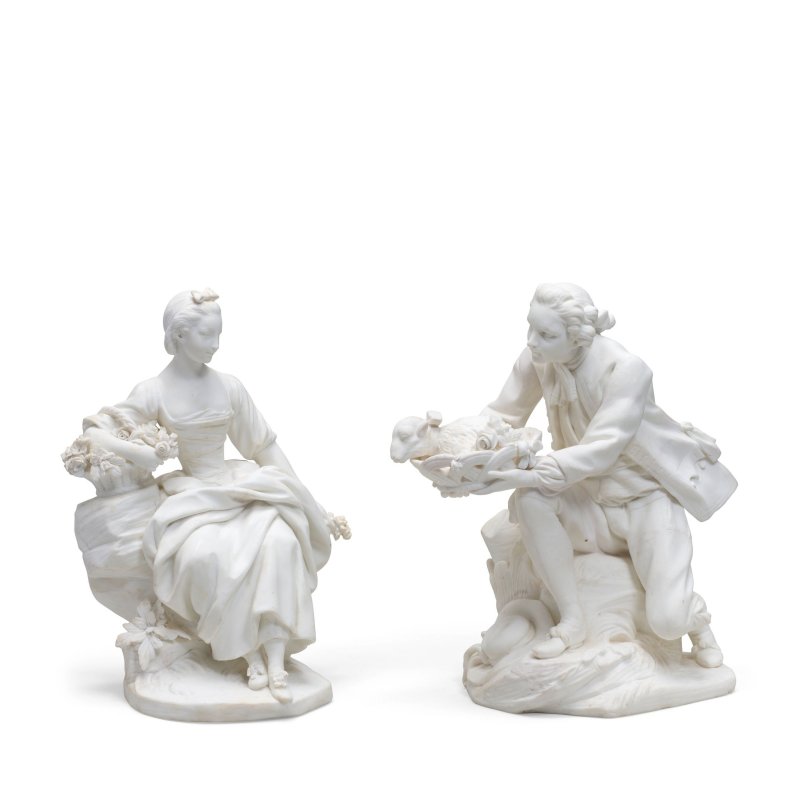 A pair of Sèvres biscuit groups of "La Bergère Assise" and "Le Porteur de Mouton", circa 1766-73