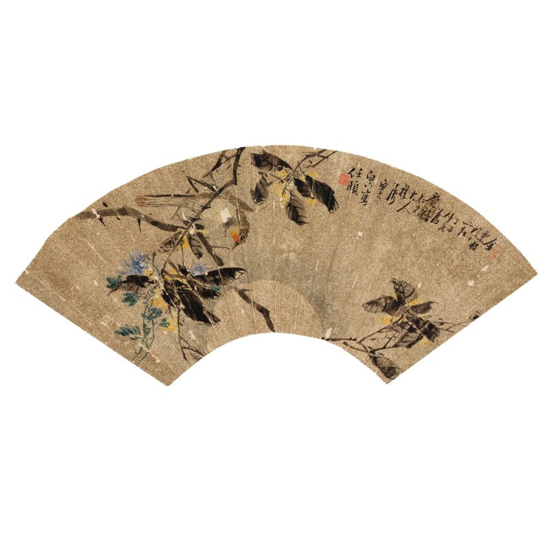 任頤（1840-1896） 花鳥扇面 設色金箋紙 鏡框 一八七七年作 | REN YI (1840-1896)