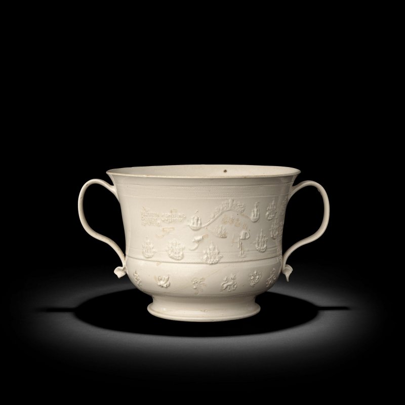 Portobello: A Staffordshire white saltglaze loving cup, circa 1740