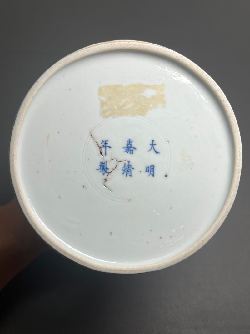 清康熙  青花釉里红夔凤开光花鸟纹双陆尊（附木盒） - 图17