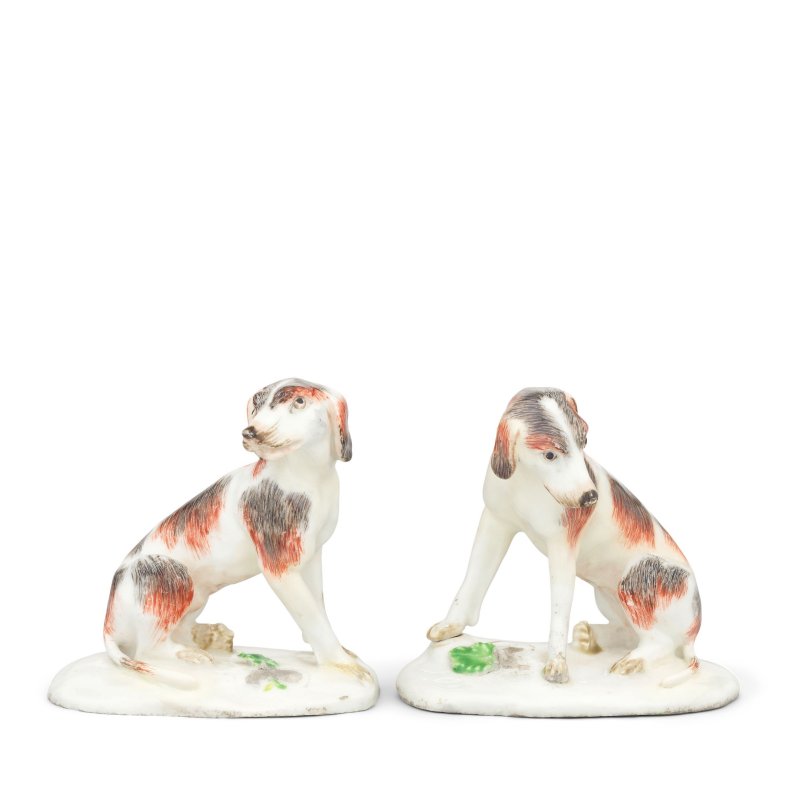 A rare pair of Bow models of 'Dismal Hounds', circa 1758-60