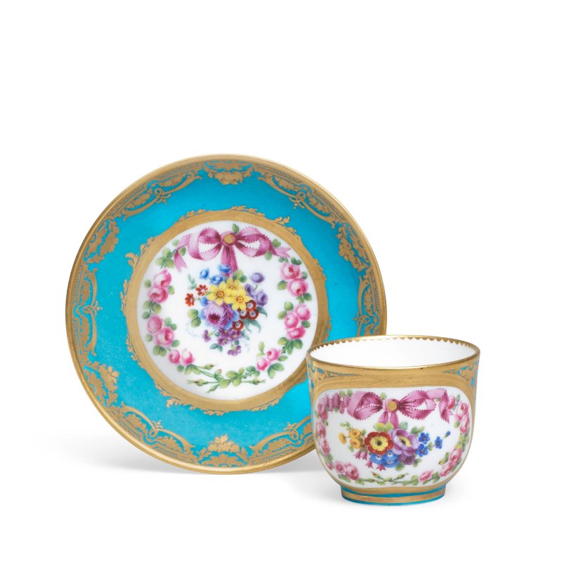 A Sèvres bleu-céleste ground cup and saucer (gobelet Bouillard et soucoupe), dated 1776
