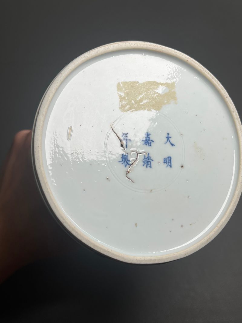 清康熙  青花釉里红夔凤开光花鸟纹双陆尊（附木盒） - 图18