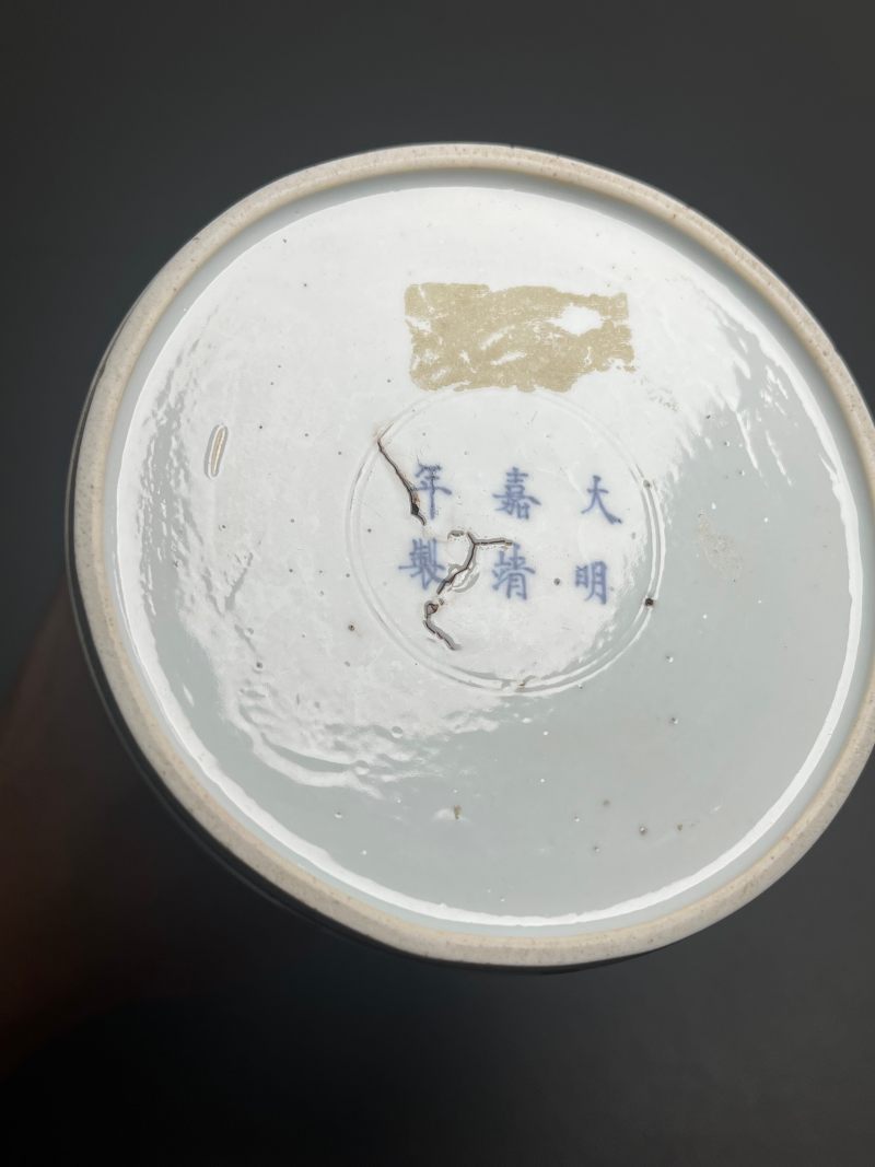清康熙  青花釉里红夔凤开光花鸟纹双陆尊（附木盒） - 图19