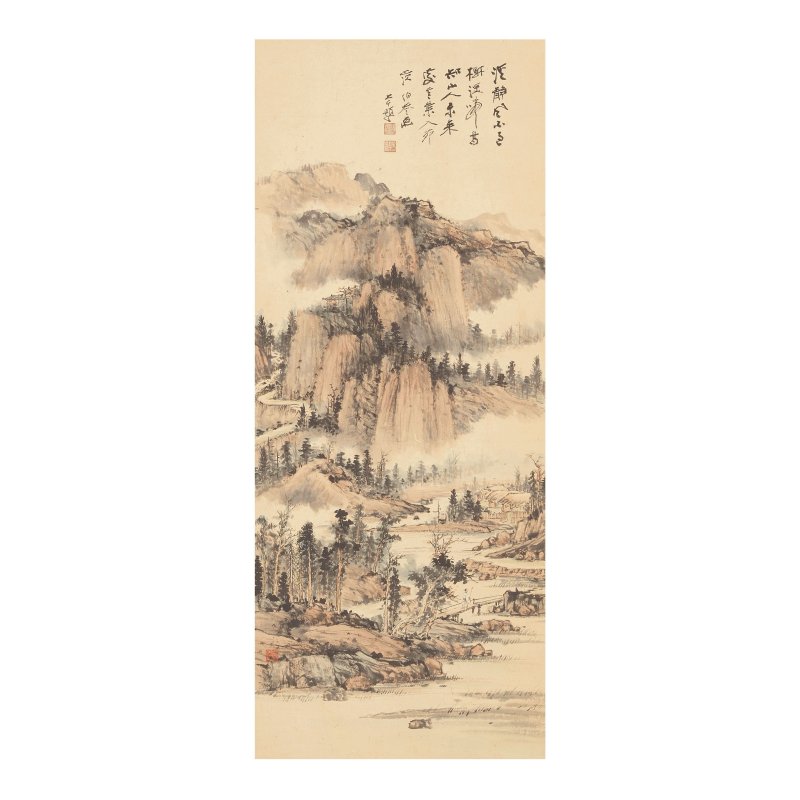 梁伯譽（1903-1978）山水、張大千（1899-1983）落款 設色紙本 立軸 一九五〇年作 | LIANG BOYU (1903-1978) and ZHANG DAQIAN (1899-1983)