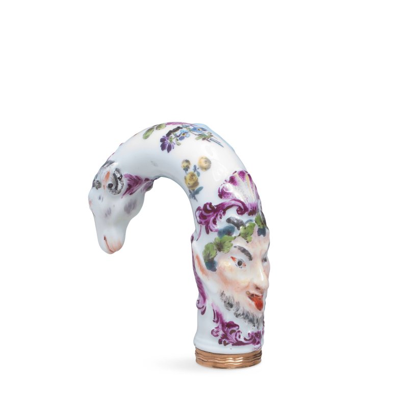 A Meissen gilt-metal mounted porcelain cane handle, possibly Meissen, mid 18th century
