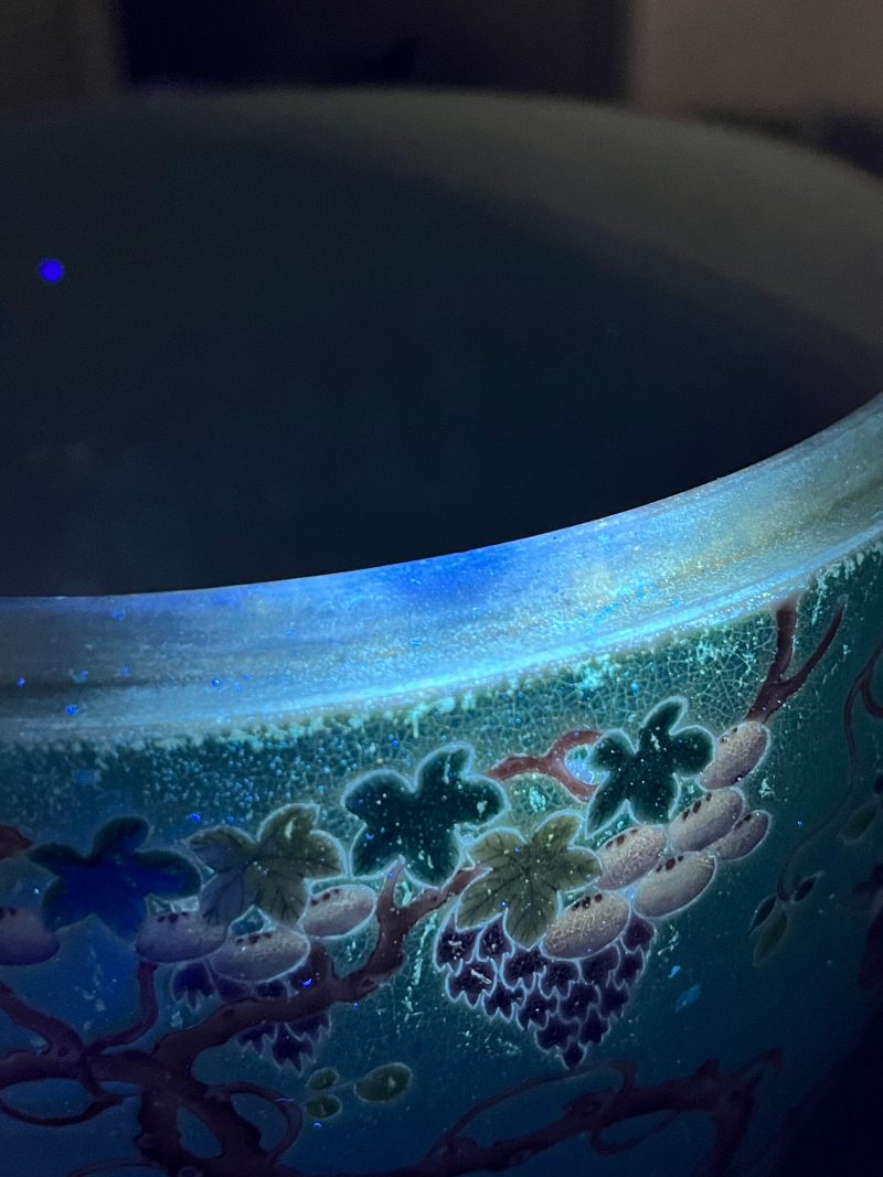 清宣统  松石绿地粉彩藤萝葡萄画眉纹鼓式盖罐 - 图27