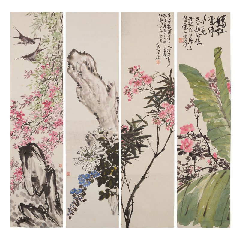謝公展（1885-1940）花卉四屏 設色紙本 立軸 | XIE GONGZHAN (1885-1940)
