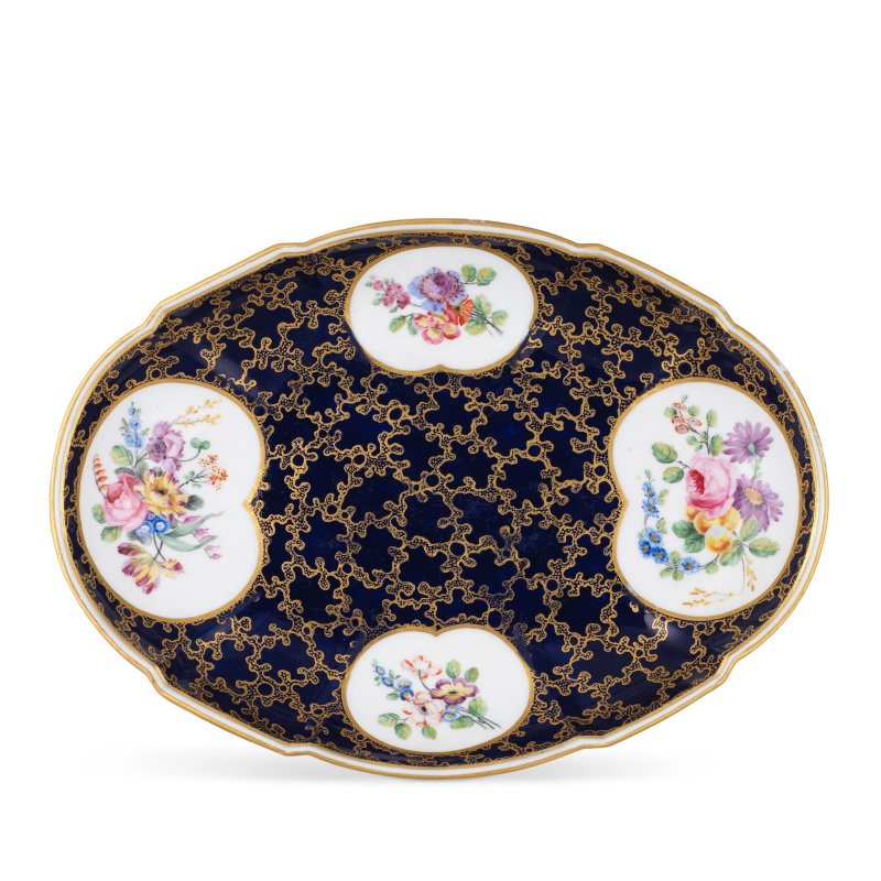 A Sèvres bleu-lapis ground oval dish (compotier ovale) probably from the service given to the duc de Nivernois, dated 1762
