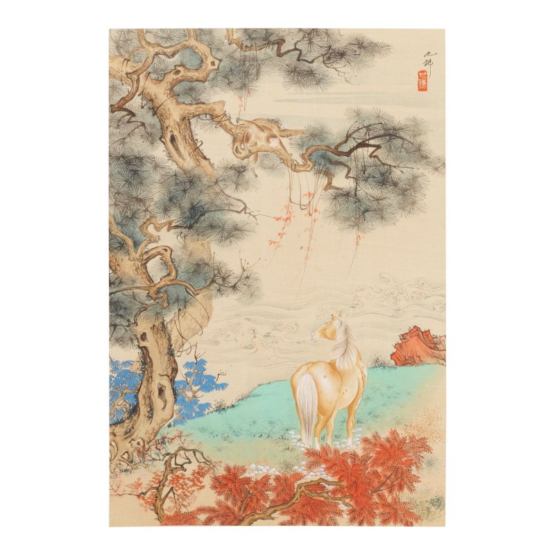 胡也佛（1909-1980）猴、馬與松樹 設色紙本 立軸 | HU YEFO (1909-1980)
