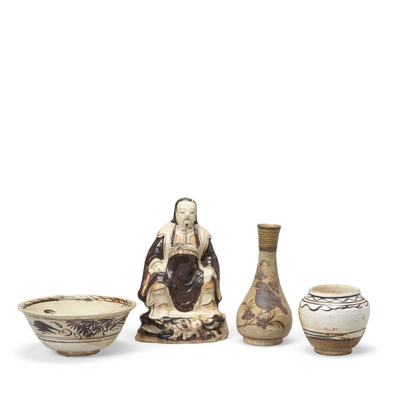 元/明 磁州窯真武大帝像及器皿三件 | A CIZHOU FIGURE OF ZHENWU AND THREE CIZHOU VESSELS