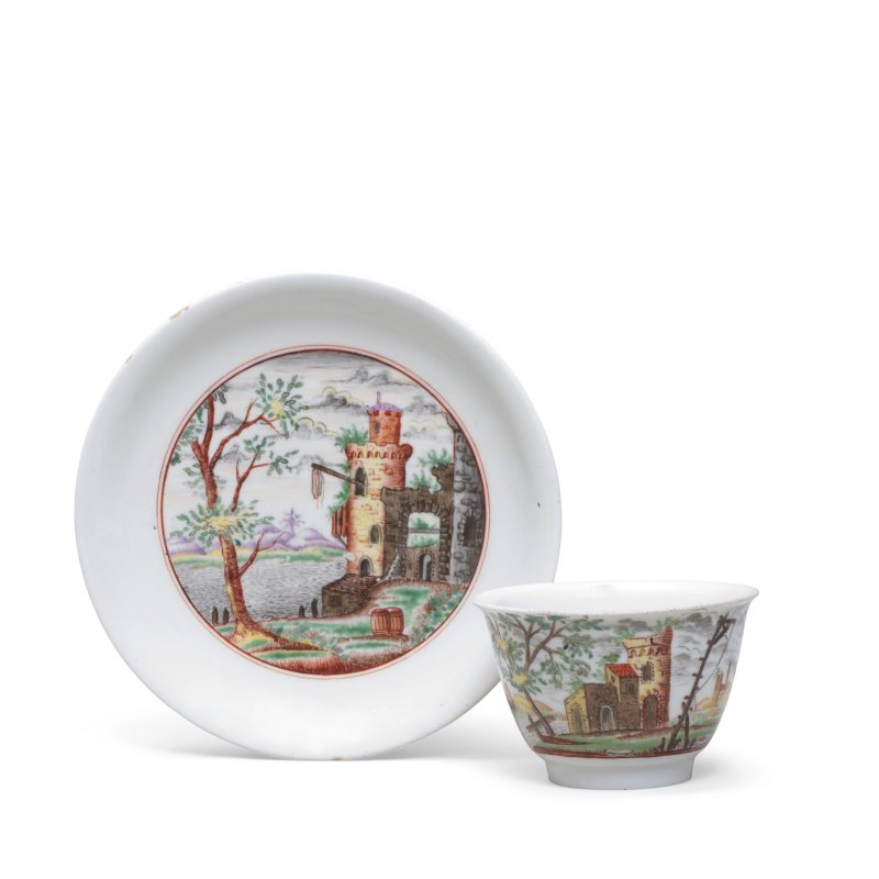 A Meissen Hausmaler teabowl and saucer, circa 1720-25, possibly decorated in Vienna, circa 1725-35