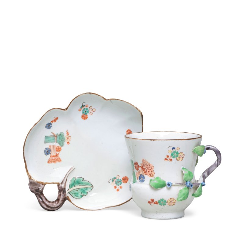 A Chantilly cup and a small Chantilly leaf-shaped dish, circa 1735-40