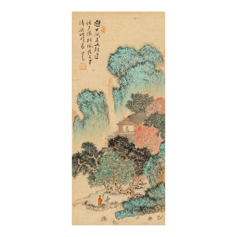 溥儒（1896-1963）秋山幽居 設色絹本 木框 鏡框 | PU RU (1896-1963)