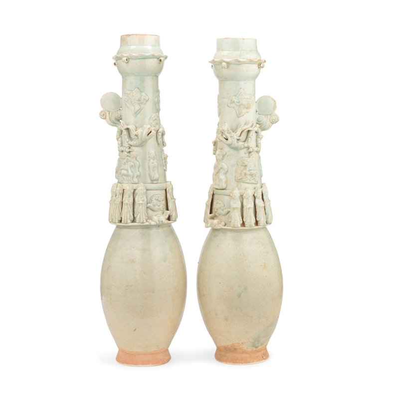 元 青白堆塑瓶一對 | A PAIR OF VERY LARGE QINGBAI FUNERARY JARS