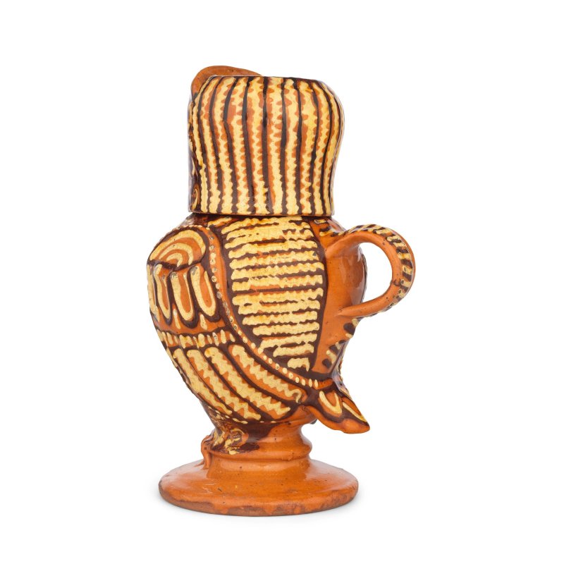 A remarkable Staffordshire slipware owl jug and cover, circa 1690-1710 - 图4