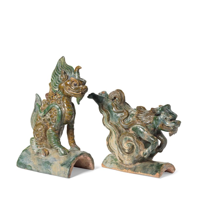明 瑞獸陶瓦兩件 | TWO LARGE GLAZED POTTERY MYTHICAL BEAST ROOF TILES - 图5