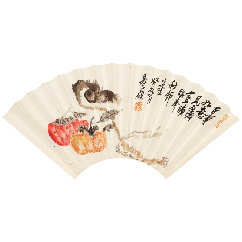 （款）吳昌碩 臨石濤柿子 設色紙本 成扇 黃楊木扇骨 | AFTER WU CHANGSHUO