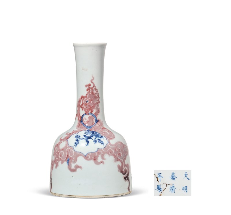 清康熙  青花釉里红夔凤开光花鸟纹双陆尊（附木盒）