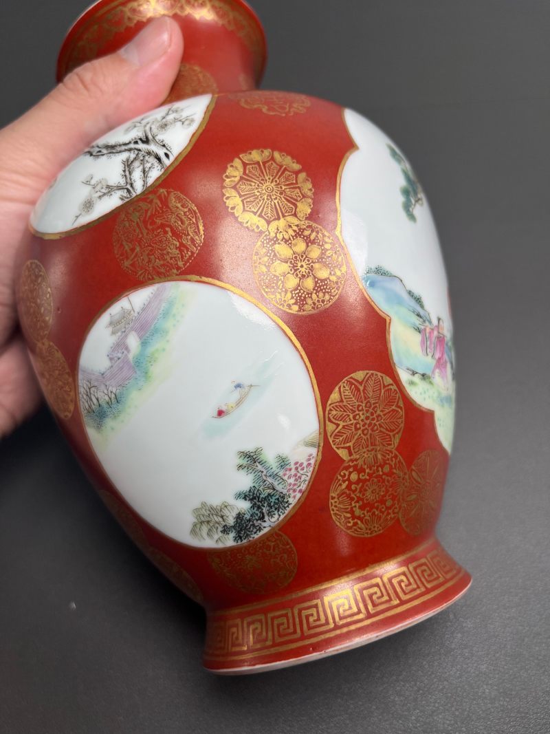 民国  珊瑚红地描金皮球花开光粉彩八仙图大口尊 - 图9
