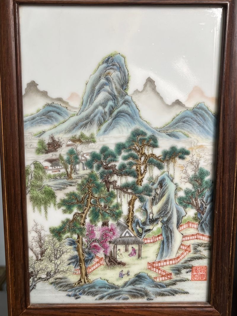 民国  粉彩山水人物图砚屏（一组四件） - 图8