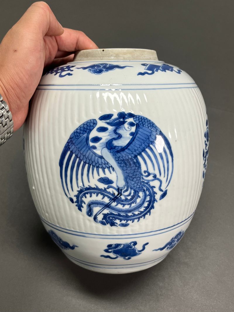 清康熙  青花龙凤纹瓜棱罐（带木盖） - 图9