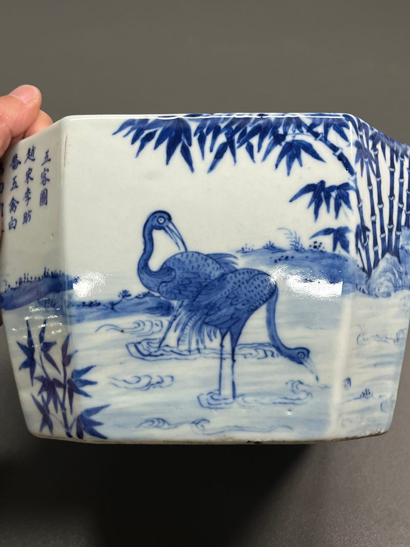 清道光  青花“五客图”诗文八方水指（带日本茶道配盖） - 图9