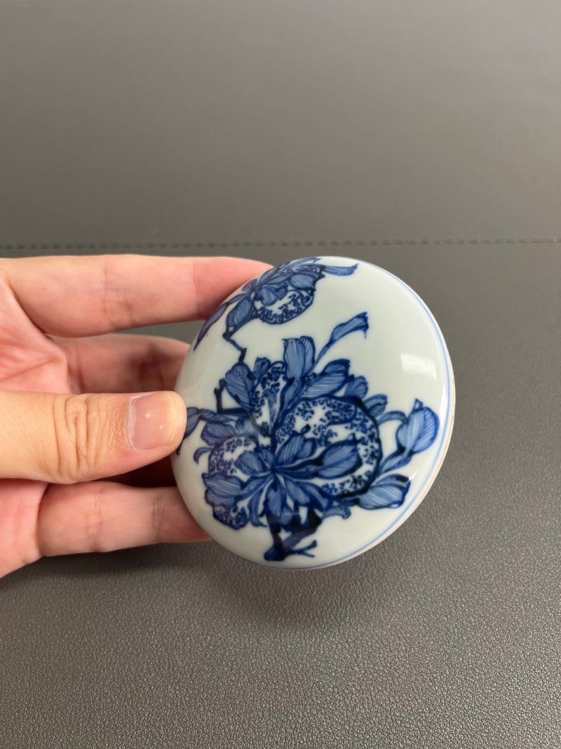 清康熙  青花瑞果花卉纹印泥盒（附木盒） - 图6