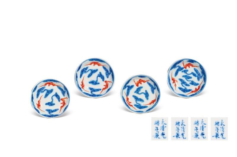 清光绪  青花“洪福齐天”图碟（一组 4 件）