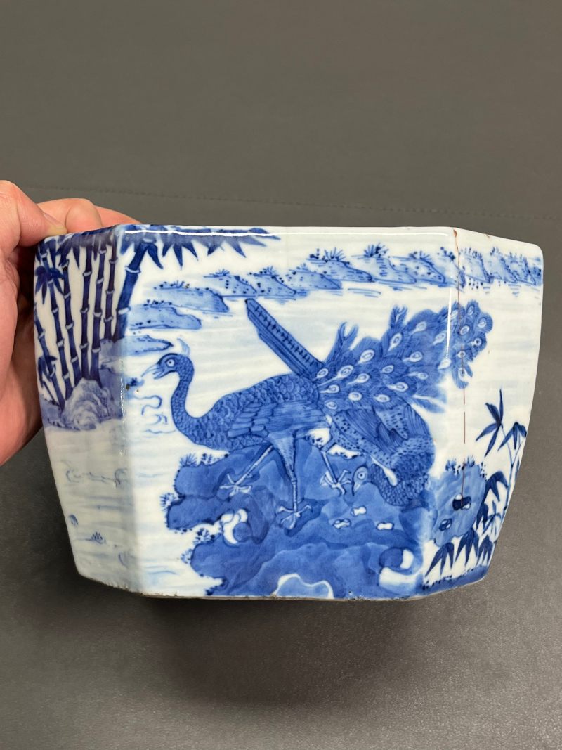 清道光  青花“五客图”诗文八方水指（带日本茶道配盖） - 图11