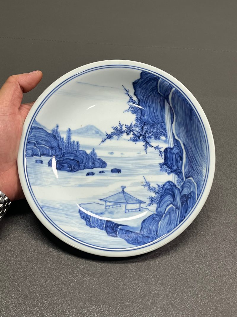 清康熙  青花“披麻皴”山水图盘 - 图4