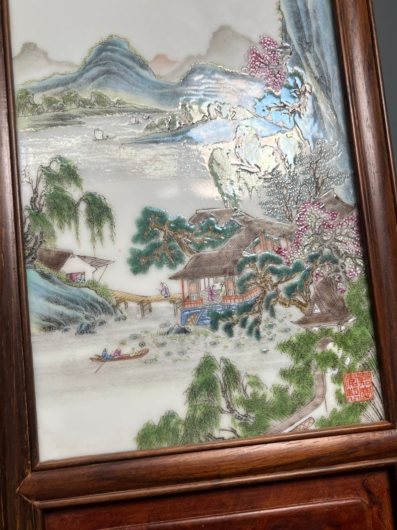 民国  粉彩山水人物图砚屏（一组四件） - 图14