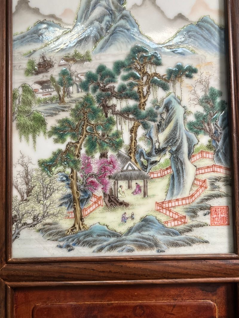 民国  粉彩山水人物图砚屏（一组四件） - 图16