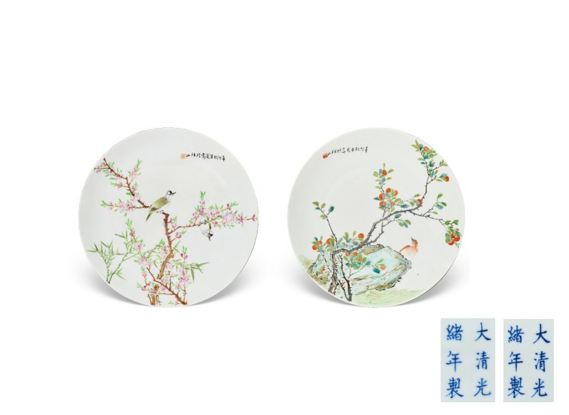 清光绪  “张子英”款浅绛彩花鸟题诗盘（一对）