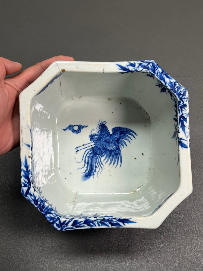 清道光  青花“五客图”诗文八方水指（带日本茶道配盖） - 图14