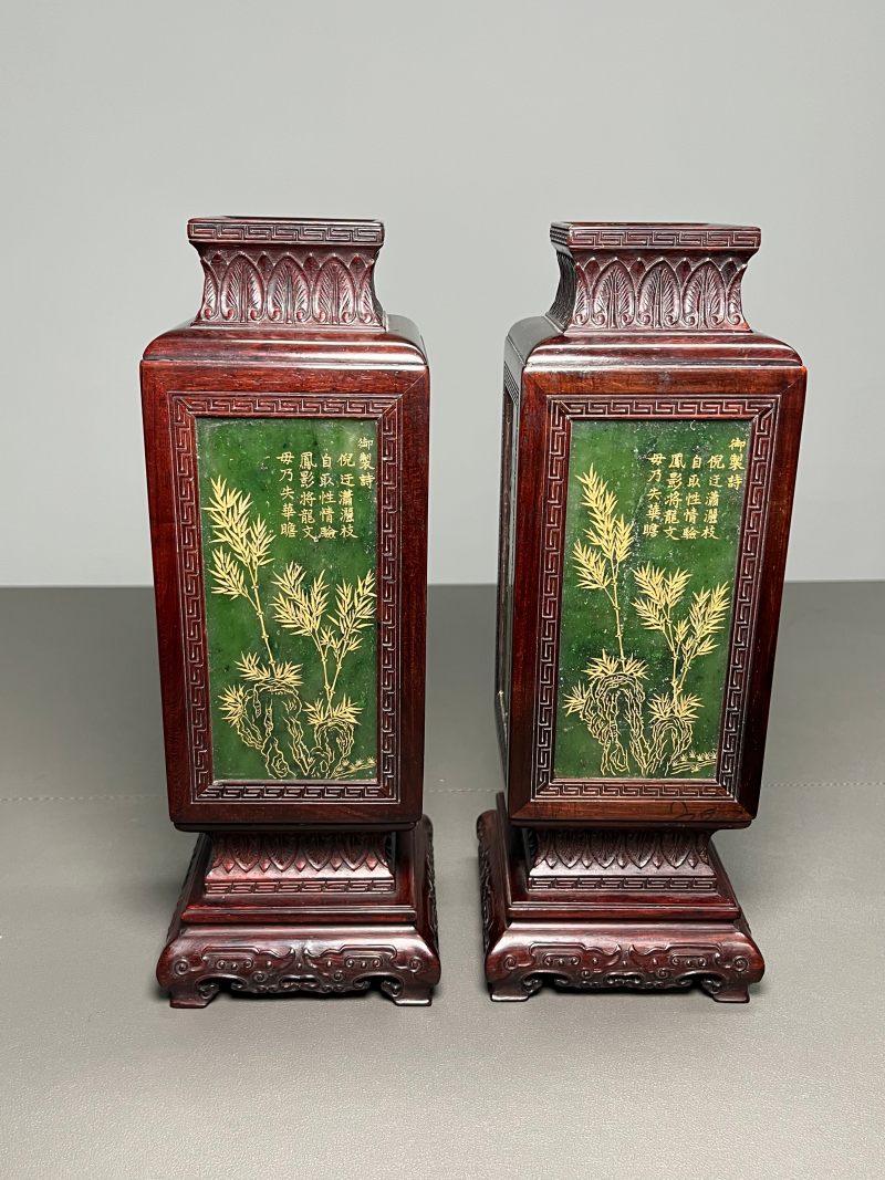 民国  碧玉描金花卉诗文灯笼瓶（一对） - 图4