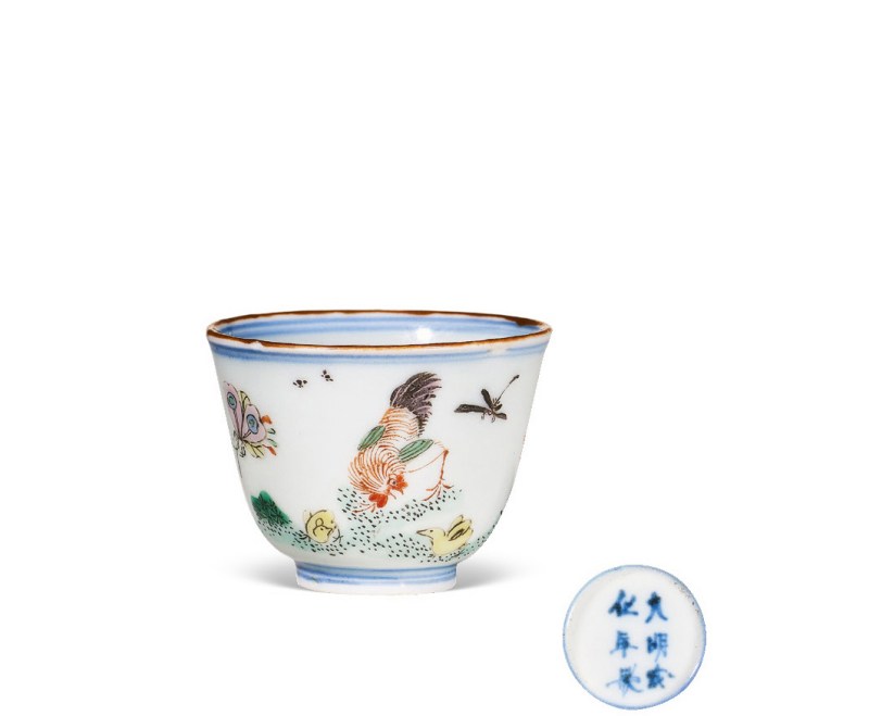 清康熙  五彩鸡趣图杯