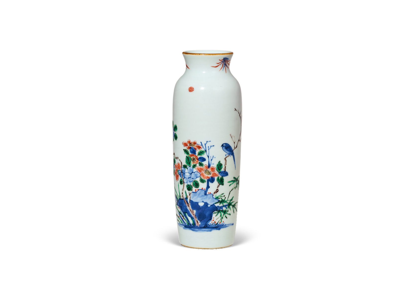 清顺治 青花五彩花鸟纹筒瓶-多宝古瓷宝典