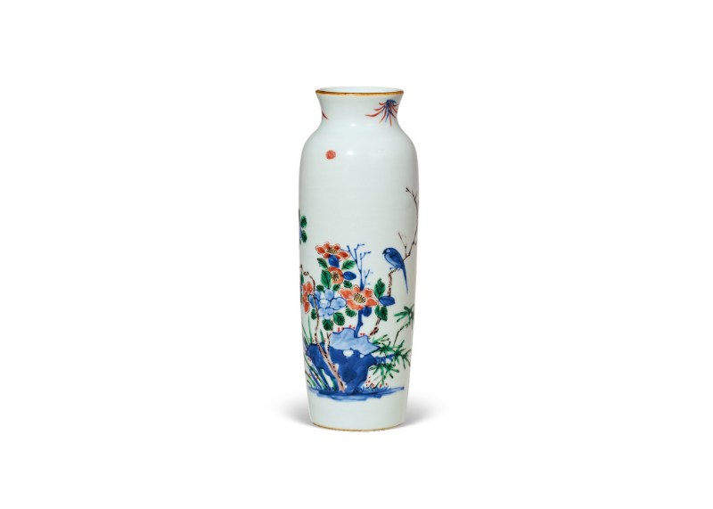 清顺治  青花五彩花鸟纹筒瓶