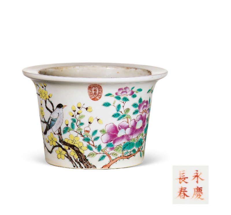 清光绪  “大雅斋”粉彩花鸟纹花盆