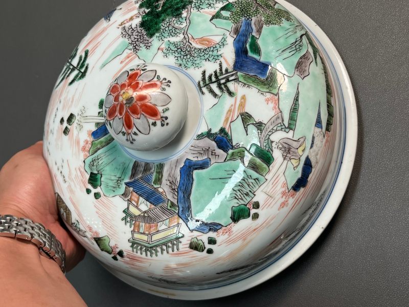 清康熙  五彩通景山水人物图盖罐 - 图20