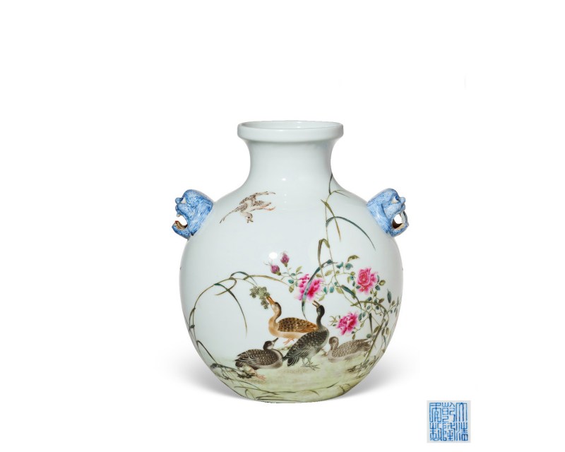 民国  珐琅彩“芦雁纹”双兽面铺首耳尊 - 图1