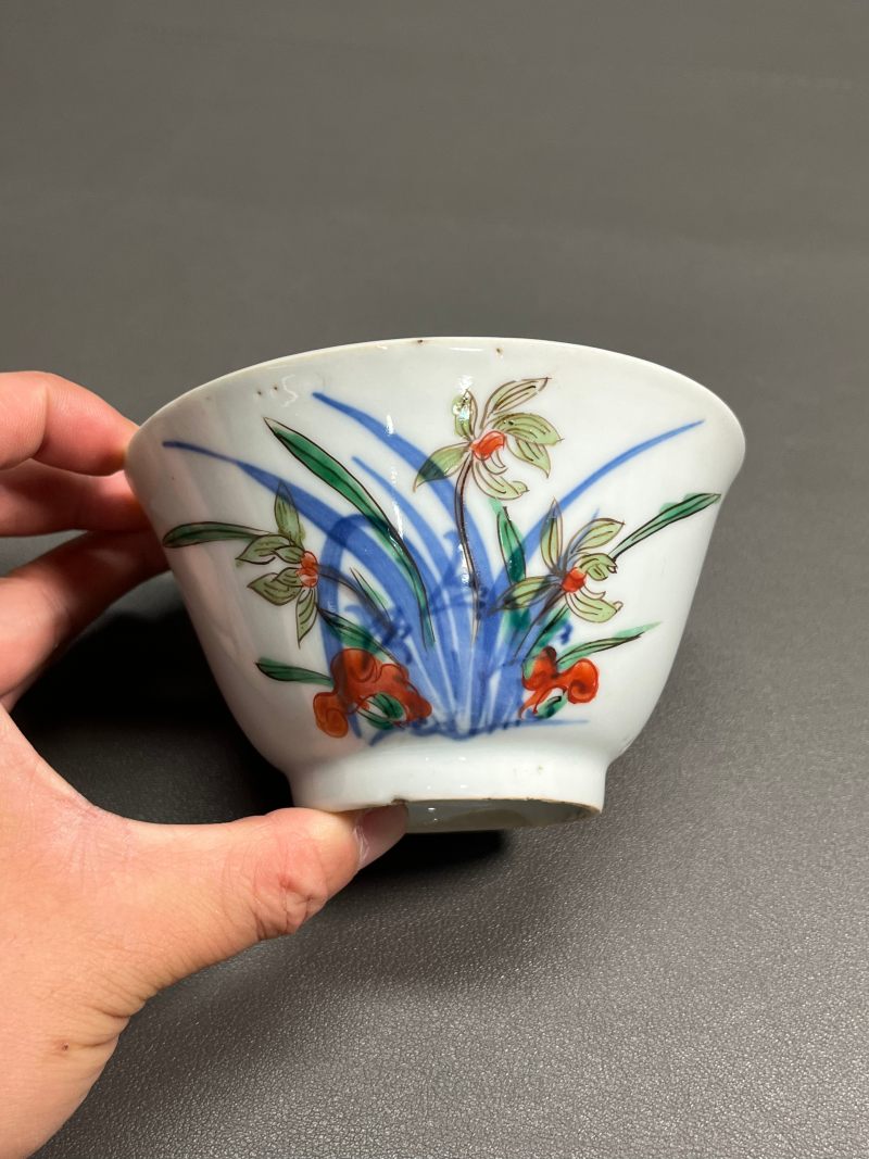 明天启—崇祯  青花五彩兰花杯（一组 4 只） - 图6