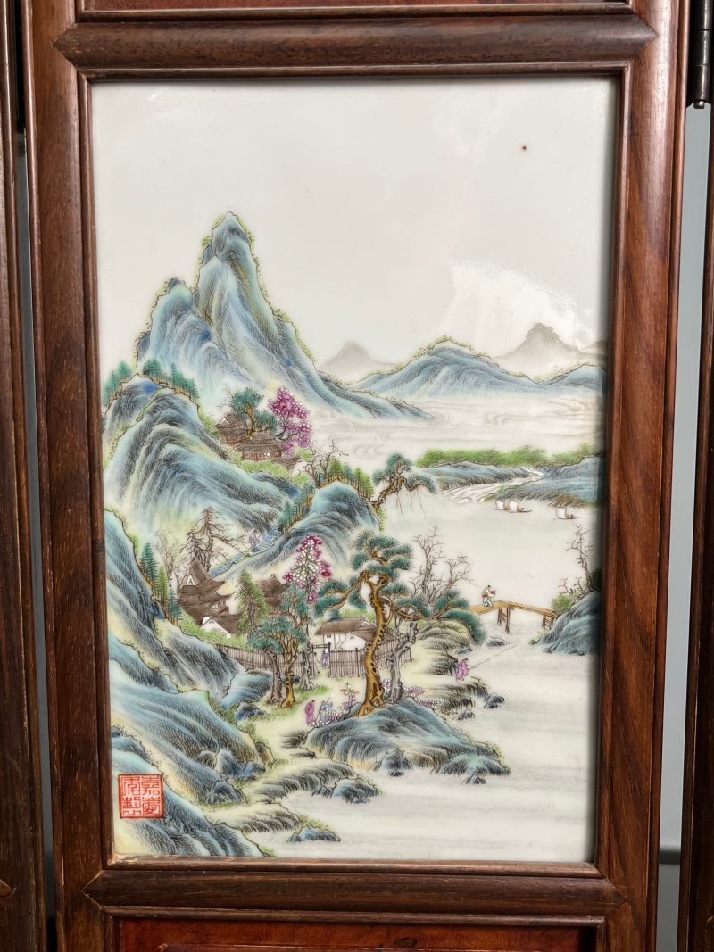 民国  粉彩山水人物图砚屏（一组四件） - 图9
