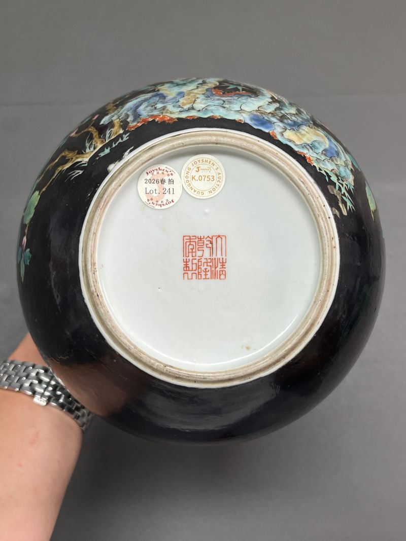 民国  墨地珐琅彩花鸟图天球瓶 - 图13