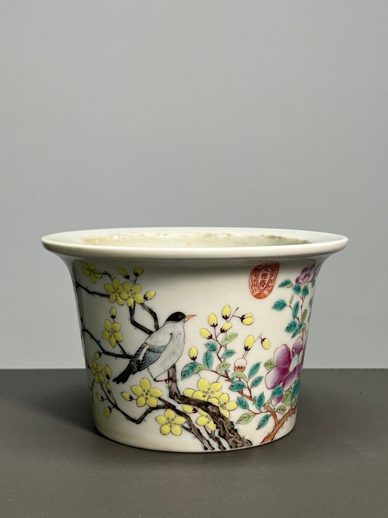 清光绪  “大雅斋”粉彩花鸟纹花盆 - 图4