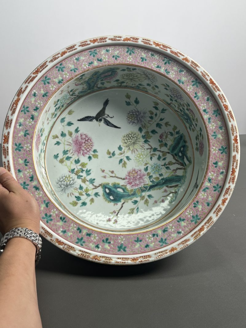 清中期  粉彩花鸟纹折沿洗 - 图4