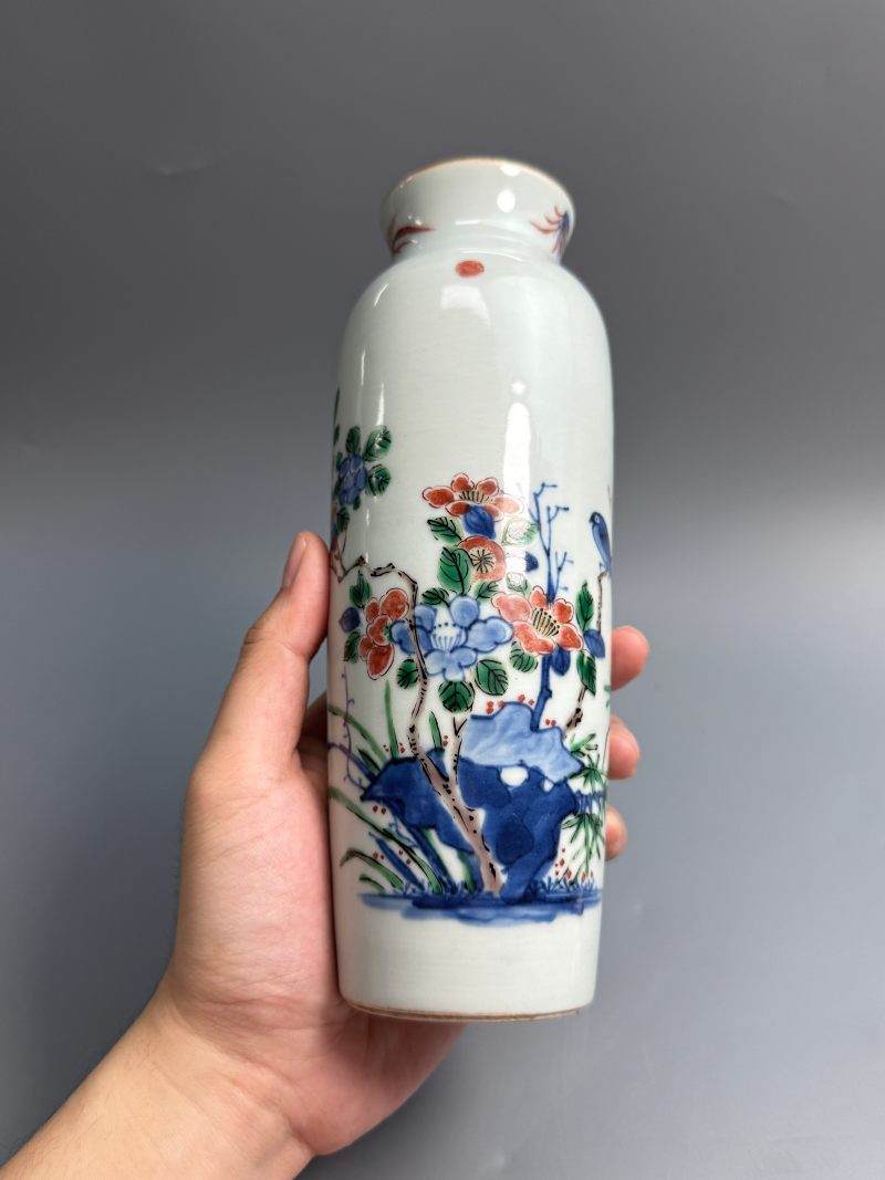 清顺治  青花五彩花鸟纹筒瓶 - 图4
