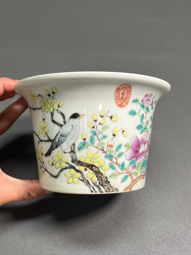 清光绪  “大雅斋”粉彩花鸟纹花盆 - 图5