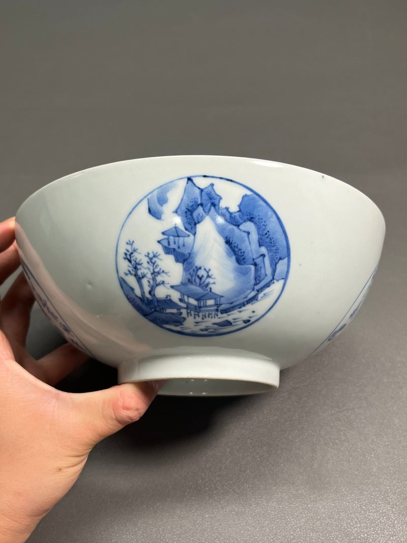 清乾隆 青花开光山水诗文碗 - 图3